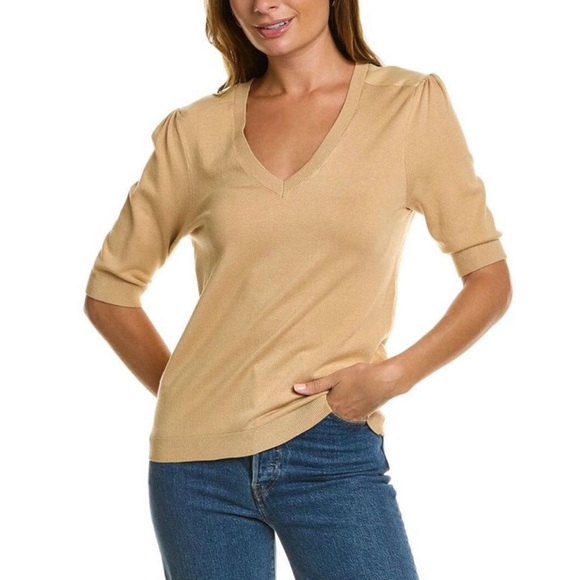 NEW Ellen Tracy Faux Leather Trim V-Neck Sweater in Sand - Picture 1 of 14